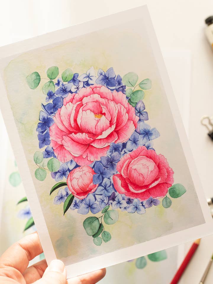 Levende Pink Peony Akvarel Kunsttryk for engroshandel hos Bodhi&Lo Art
