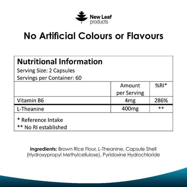 New Leaf products Ltd – wholesale Oral supplement/vitamin – L-Theanine + Vitamin B6 400mg Vegan Capsules - 120 Fill5