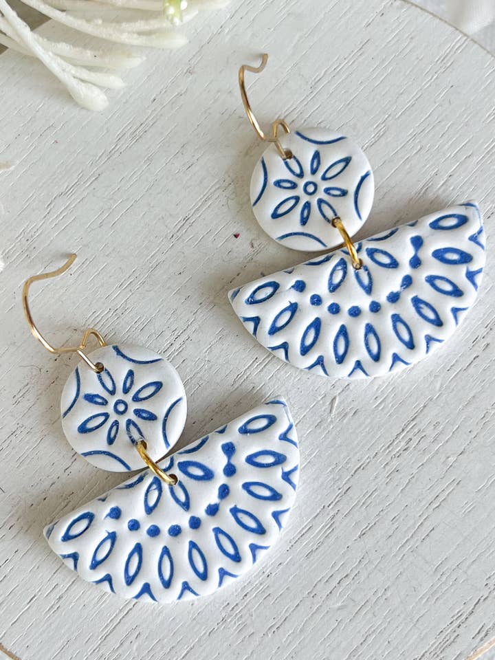 Decorative Embossed Blue Tile Polymer Clay Earrings for wholesale by Morning Dew Designs