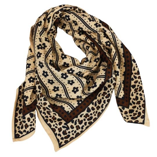 Love Explorers - Venta al por mayor Pañuelo para la cabeza - Mujer - Pañuelo grande esencial con estampado de leopardo y flores en marrón0