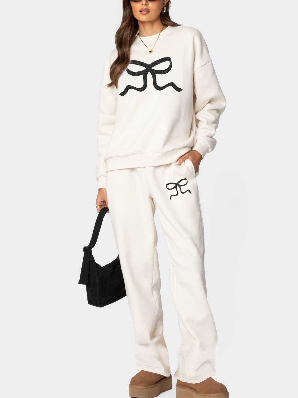 HIDDENBRAND - Wholesale Top & Pant Set (NOT Loungewear) - Women's - Bow Ribbon Print Sweatshirt Trousers Set5