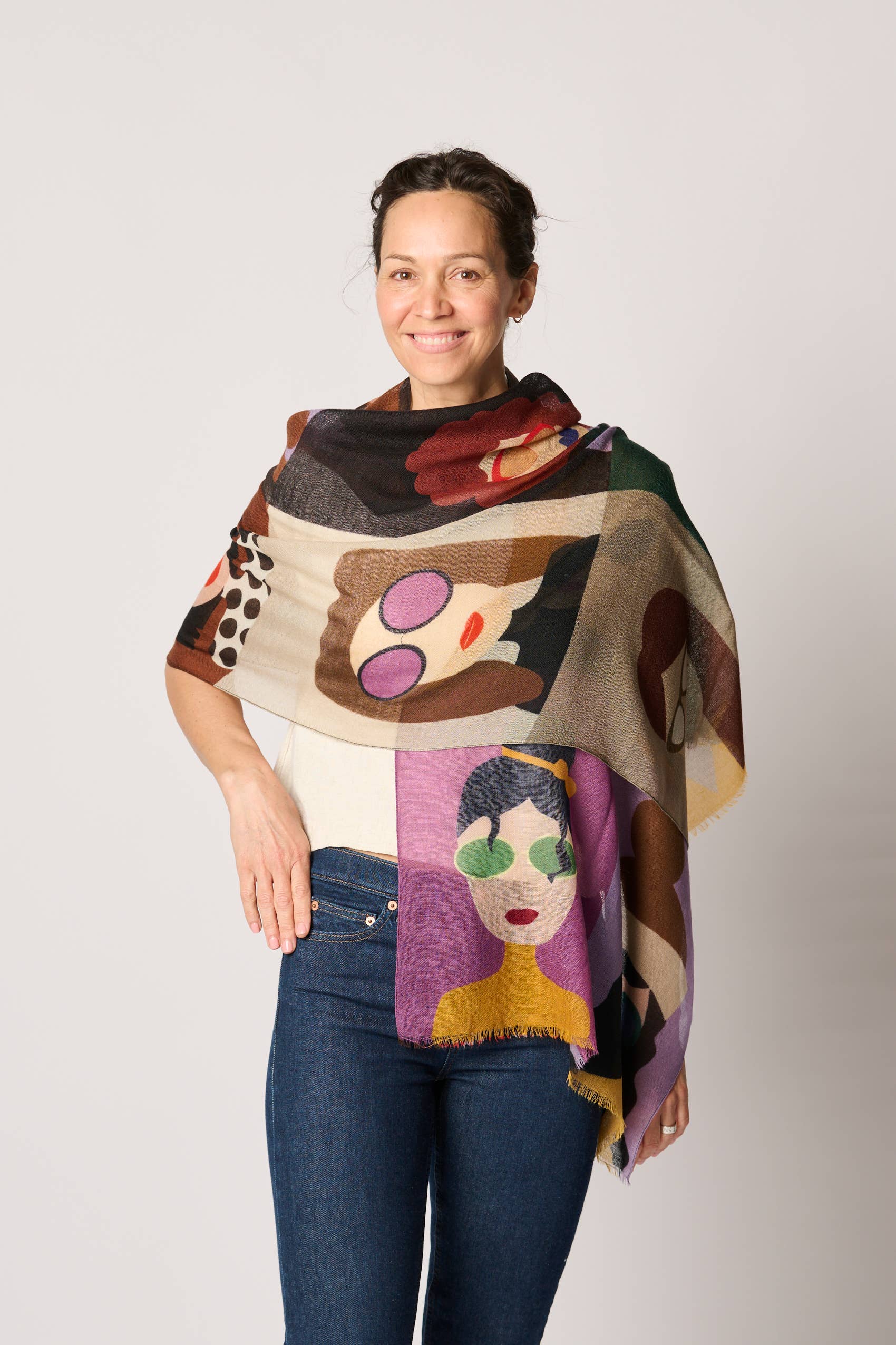 Margolis Pineo Italia - Wholesale Scarf - Women's -   RESTOCKED "GIRLS W/ GLASSES" ART SCARF—SOFT WOOL FLEECE 23