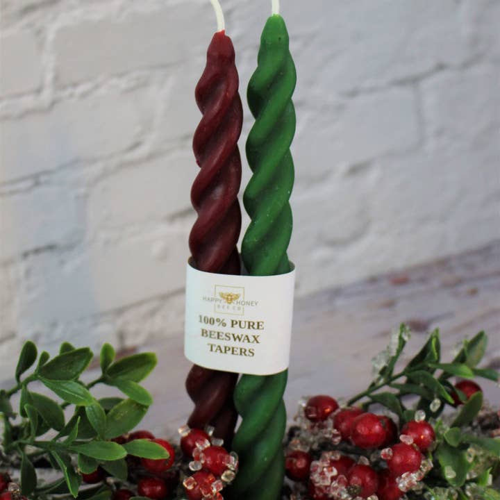 Happy Honey Bee Co. - Wholesale Tapered Candle/Candlestick - Twisted Taper Beeswax Candles, 7 Inches Burgundy Red & Green1