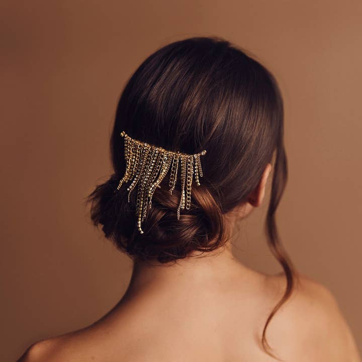 Gold and Silver Tassel Hair Clip with Rhinestone Chains Hair for wholesale by LadyJuneAccessories