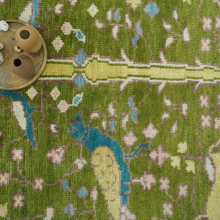 The Rug Decor, Inc. - Wholesale Area Rug - The Green Jungle Life Teal and Peach Peacock Bird Hand Knotted Custom Made Wool Area Rug11