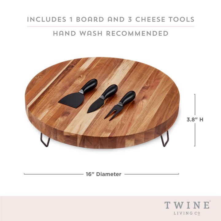 Twine - Wholesale Cheese Board - 16" Metal Footed Acacia Cheese Board & Knives Set - Set of 3