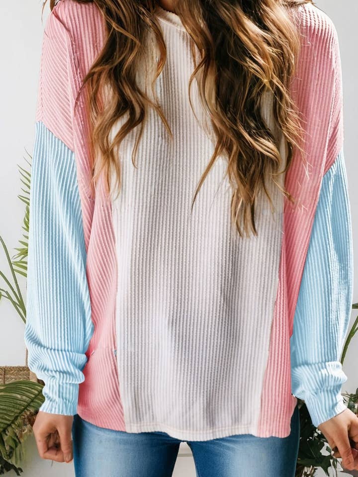 Color Block Corded Long Sleeve Top (S-2XL) for wholesale by 66DISCO