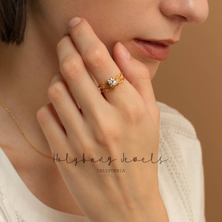 HolyBang Jewels - Vendita all'ingrosso Anelli multipietra - ANELLO CON FOGLIE SOLITARIE - SET DI 2 ANELLI1