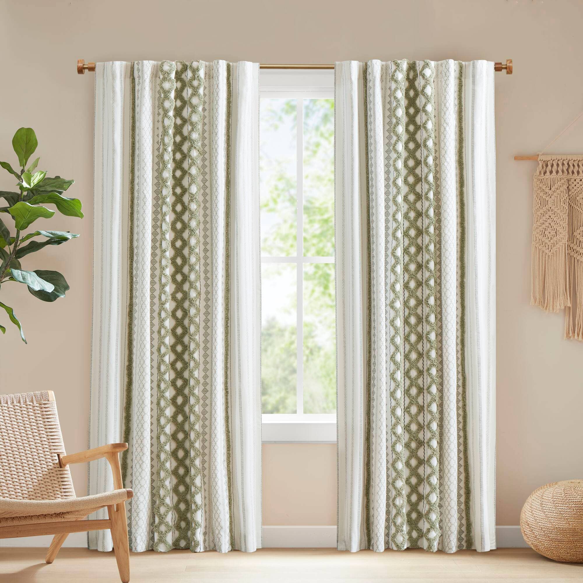 Olliix - Wholesale Curtain - Geometric Chenille Stripe Trim Cotton Curtain Panel, Green1