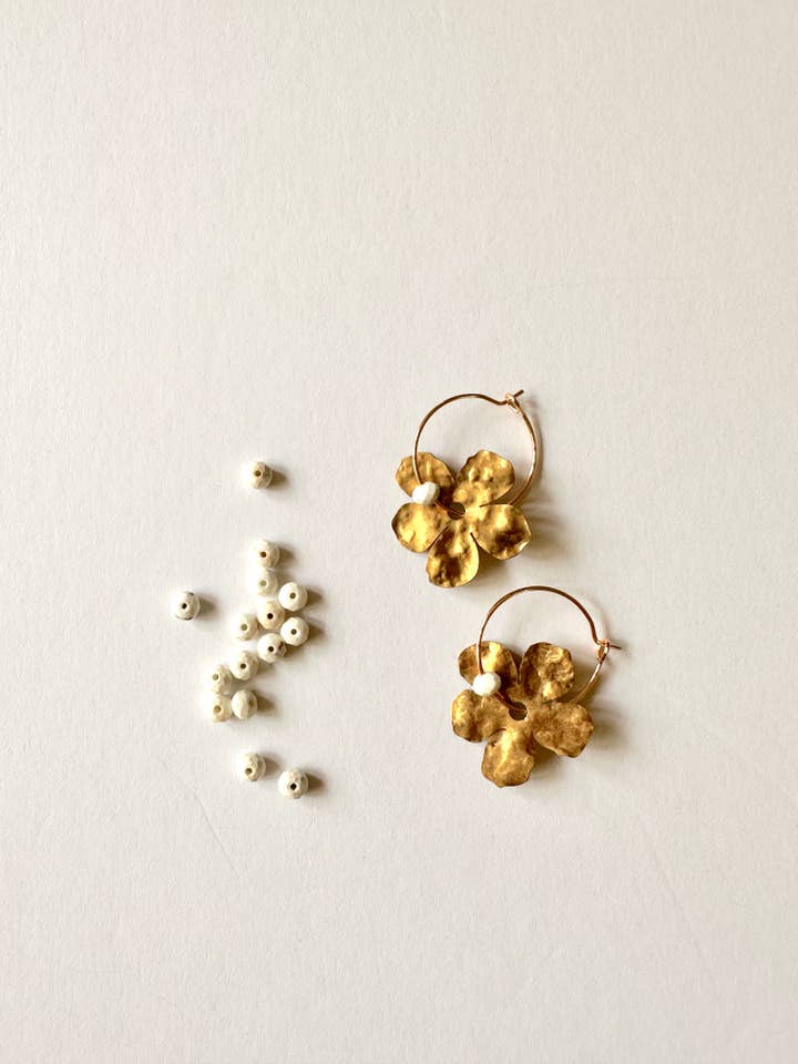 Gold Filled Hoop Hammered Brass Flower Earrings - White for wholesale by Found & Feral