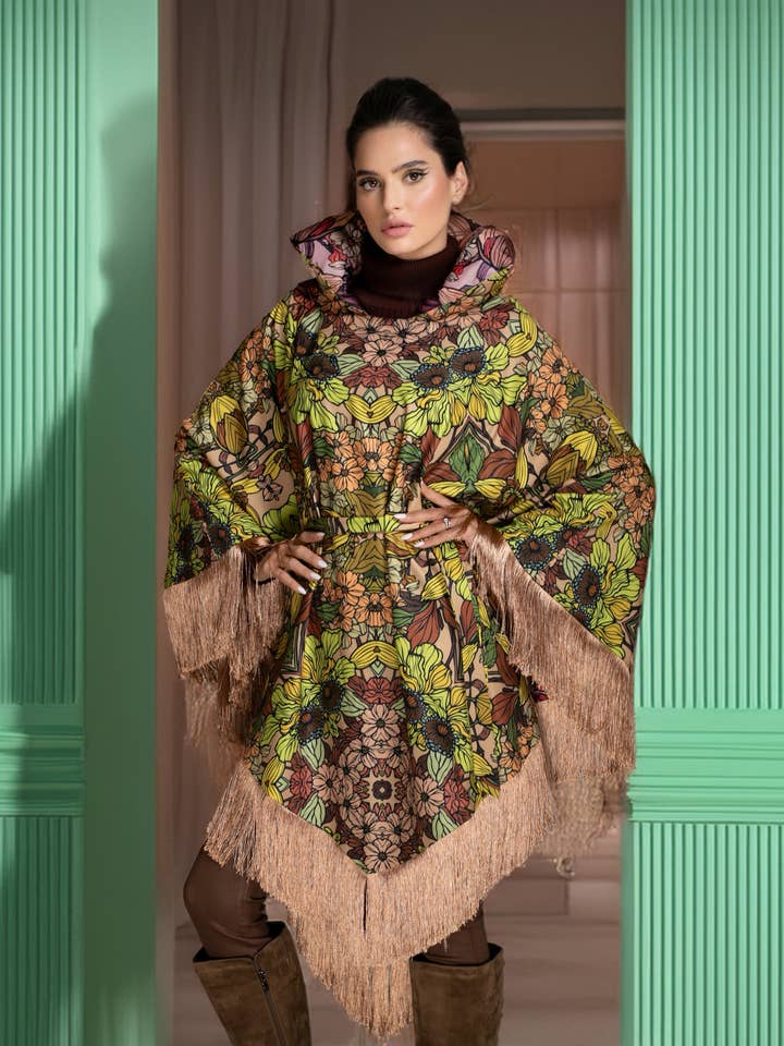 Botanical Garden Print Reversible Fringed Cape for wholesale by Nuvula