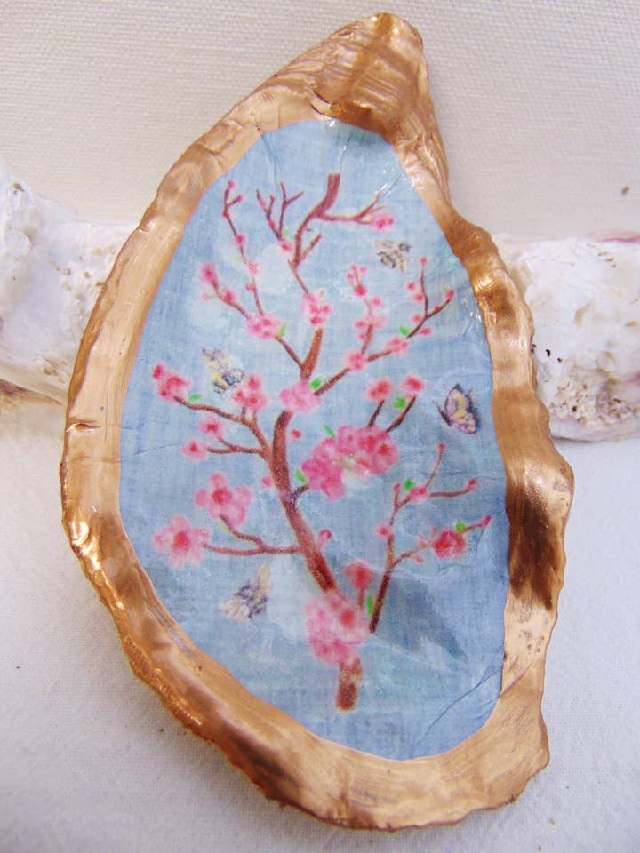 Designer Oyster Shell Jewelry Bowl Cherry Blossoms for wholesale by Lowcountry Linens
