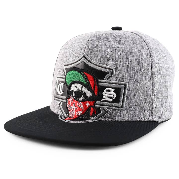 Trendy Apparel Shop - Vendita all'ingrosso Cappellino con visiera piatta - Uomo - Cappello a becco piatto ricamato con teschio chicano con bandana