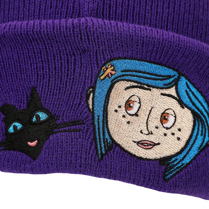 Bioworld Merchandising - Wholesale Beanie - Unisex - Coraline & Black Cat Character Art Purple Cuff Beanie5