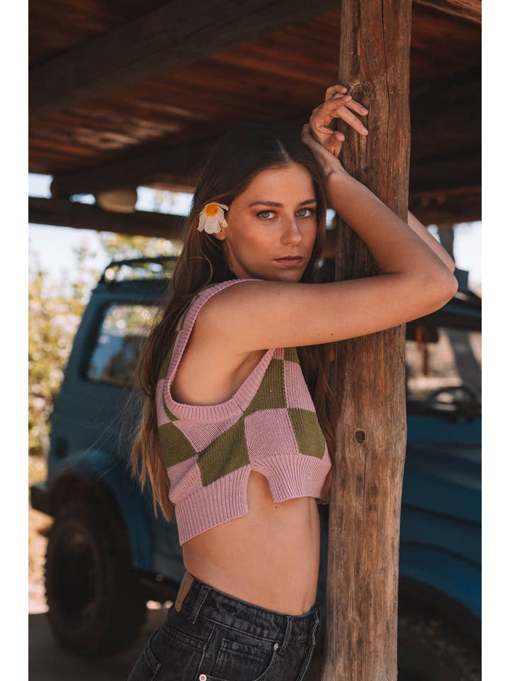 Tipi Tent - Wholesale Sweater Vest - Women's - Green Checkered Vest2