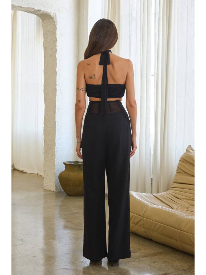 Black Mesh corset hook & eye wide leg woven slacks for wholesale on Faire4