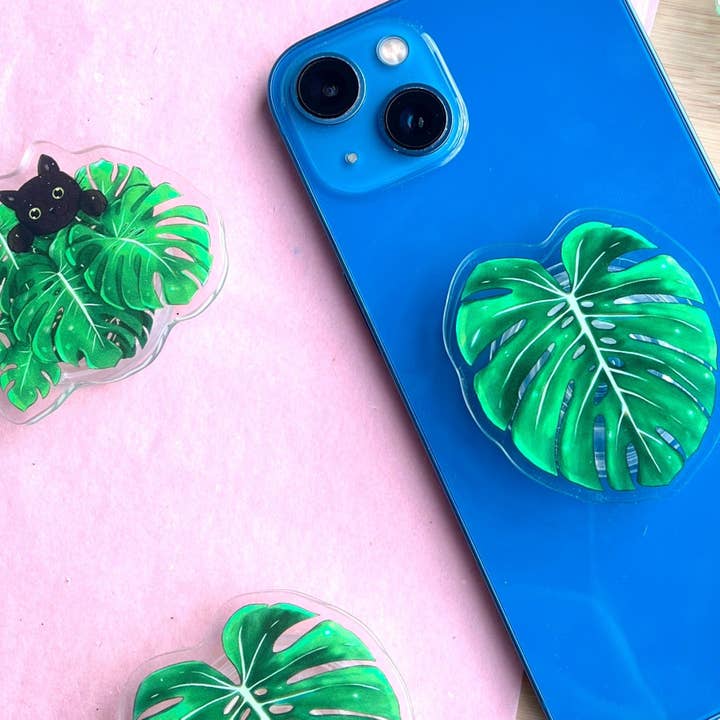 plantyintroverts - Wholesale Phone Grip - Acrylic mobile phone grip - cat in Monstera leaves6