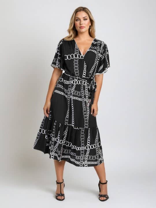 Pomme Rouge Paris - Wholesale Dress - Women's - Plus size wrap dress with print (C6552&BLACK)0