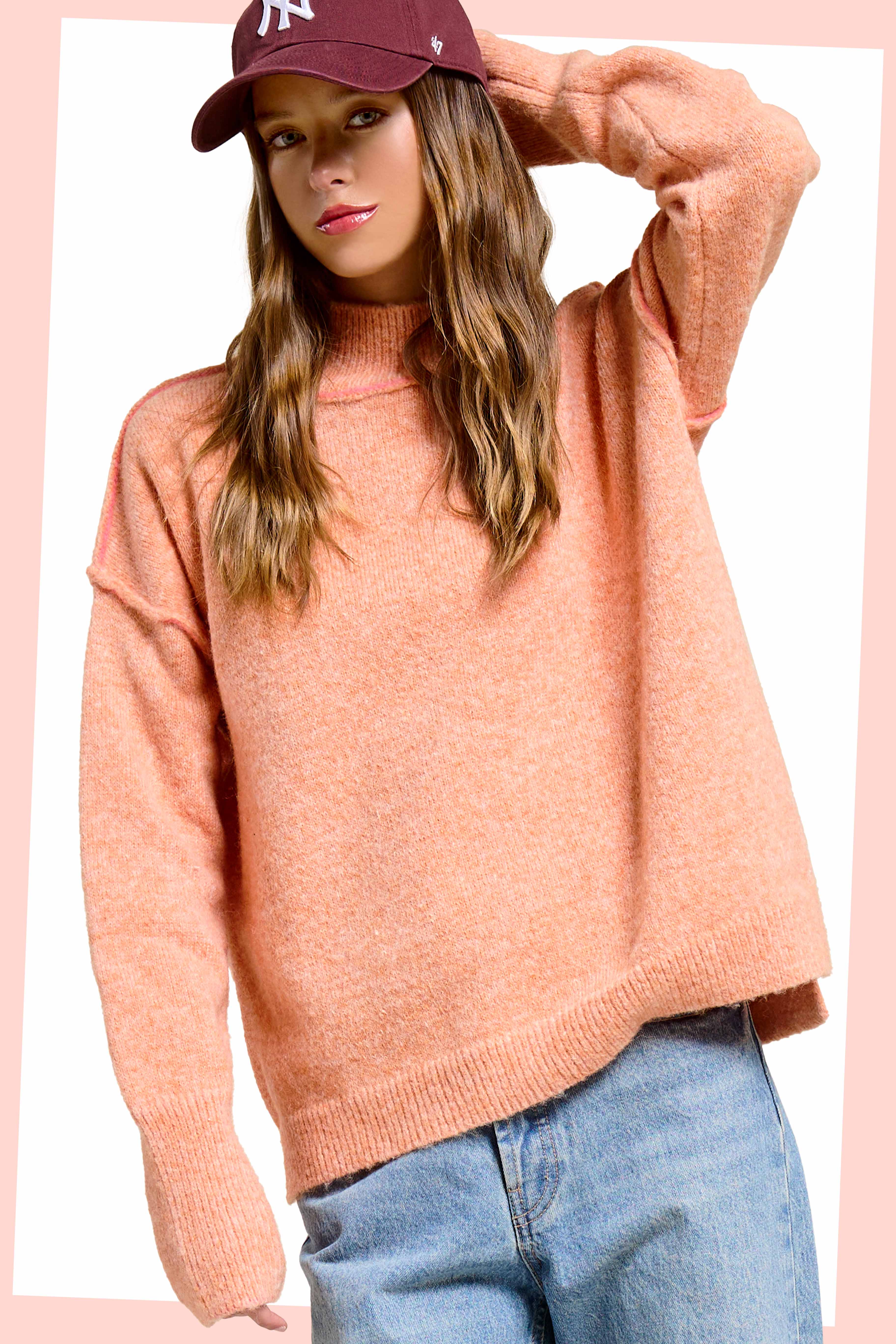 La Miel - Wholesale Knit Sweater - Women's - MCS3566-Loose Fit Mock Neck Exposed Seaming Detailed Sweater32