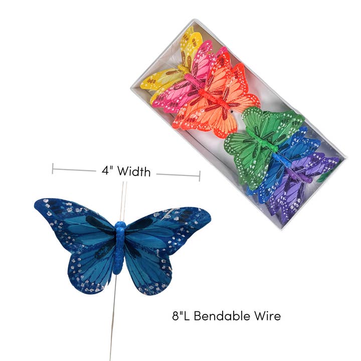 Jacobson - Wholesale Craft Supplies - 3"W Assorted Feather Butterflies on Wire - Rainbow