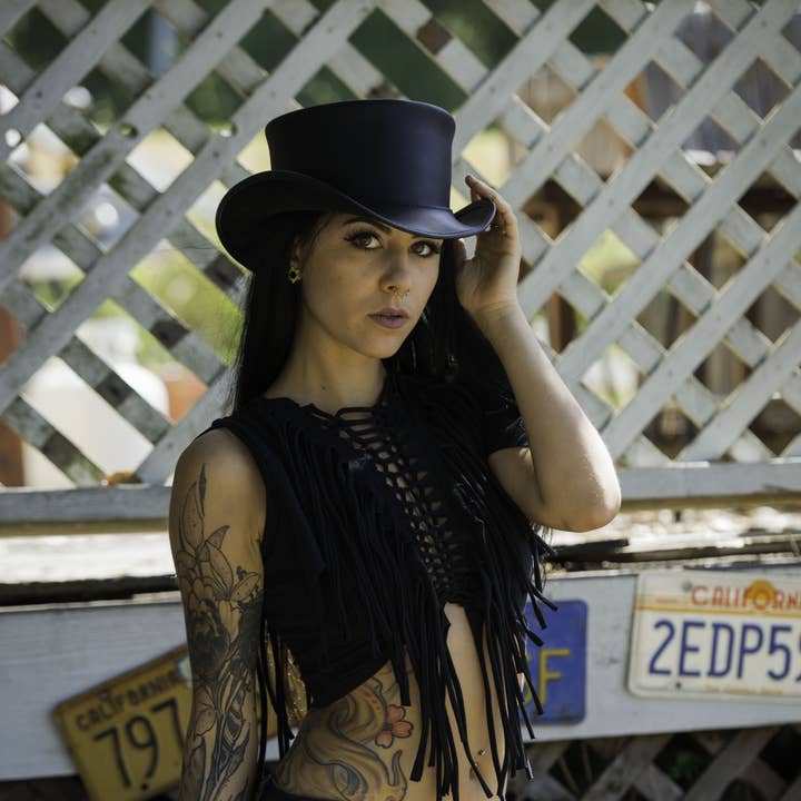 American Hat Makers - Wholesale Fedora - Uniseks - Biker Leren Hoge Hoed Zonder Band - Stijl El Dorado0