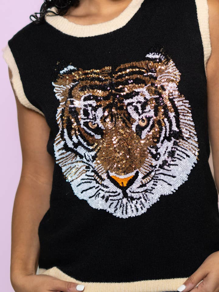 Geauxlden | Women's Sequin Design Sleeveless Sweater (Black) for wholesale by BOMB DESIGNS