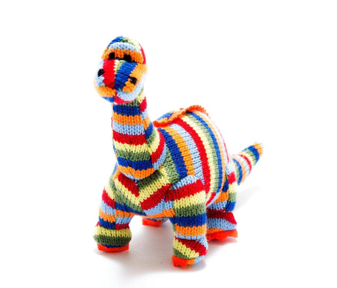 Best Years Ltd – wholesale Handheld rattle – Baby – Knitted Diplodocus Dinosaur Baby Rattle in Rainbow Stripes12