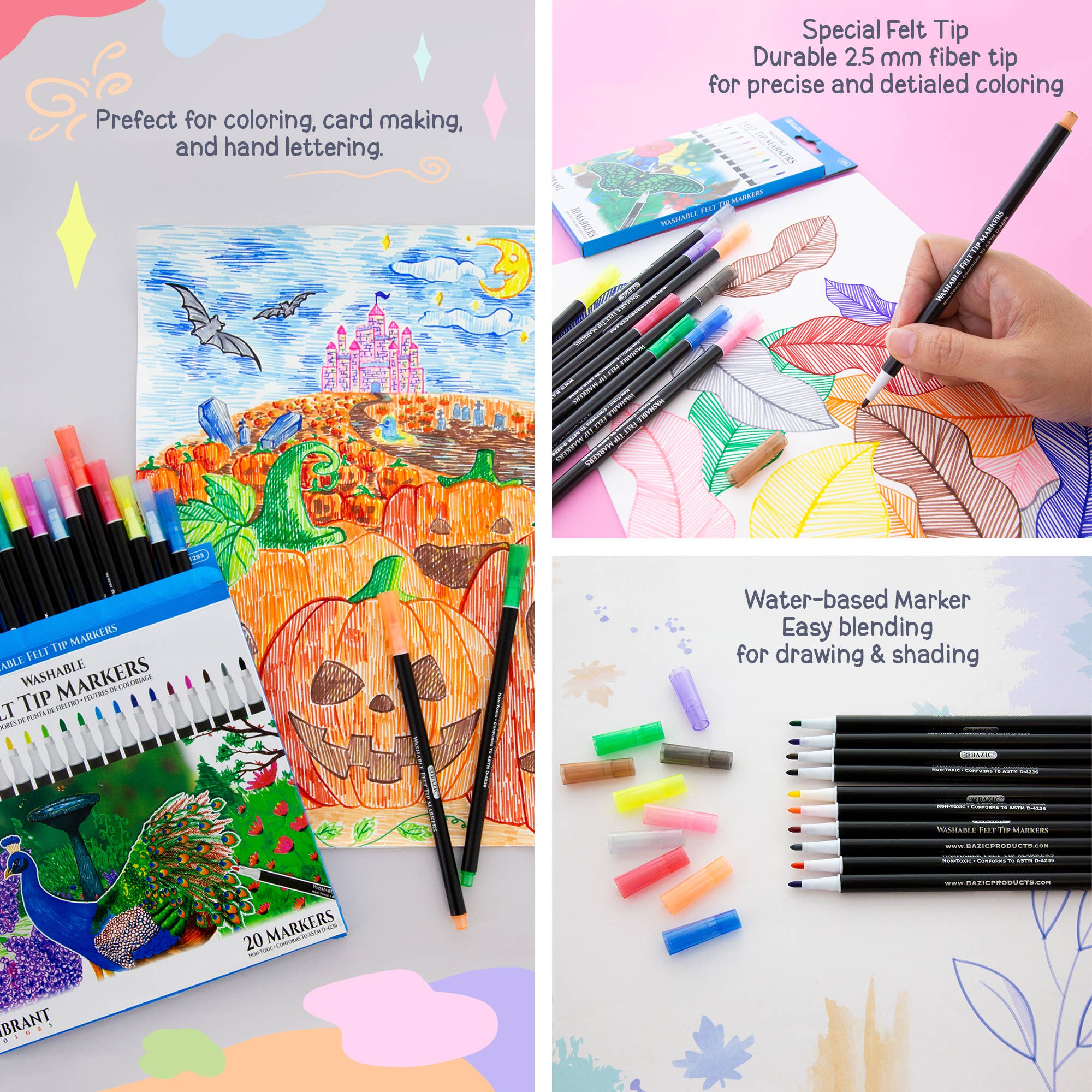 BAZIC Products - Wholesale Marker - Felt Tip Washable Markers 10 Colors6