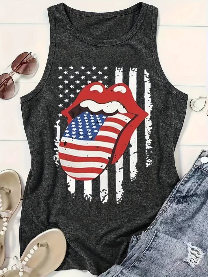DarkGray Stick Out Tongue USA Flag Print Crewneck Tank Top for wholesale on Faire
