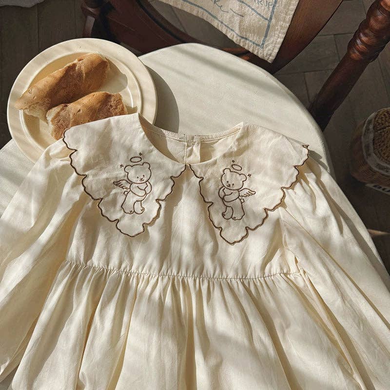 Beige Arrival Autumn Girls Teddy Bear Embroidered Pattern Long Sleeves Dress with Collar for wholesale on Faire1