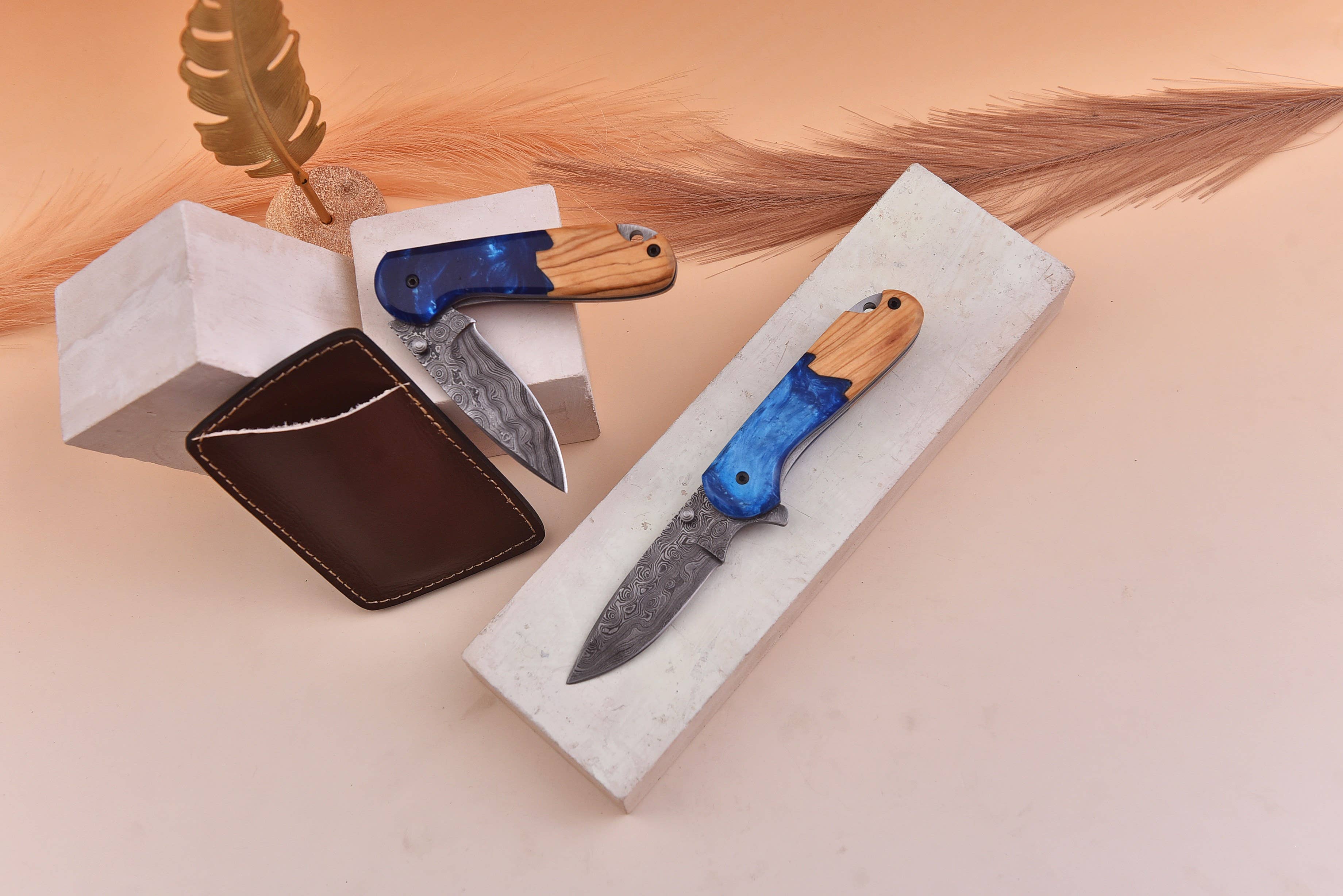 FH KNIVES - Vendita all'ingrosso Coltellino tascabile/portacoltellino - Coltello pieghevole Damascus 7,0' a tema costa marina, coltello tascabile2