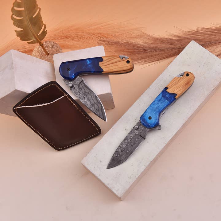FH KNIVES - Vendita all'ingrosso Coltellino tascabile/portacoltellino - Coltello pieghevole Damascus 7,0' a tema costa marina, coltello tascabile2