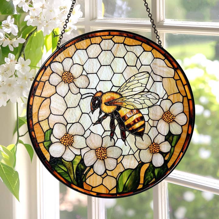 Bee Wildflowers Glass Suncatcher, Honey Bee Suncatcher for wholesale by TMLECOM LTD