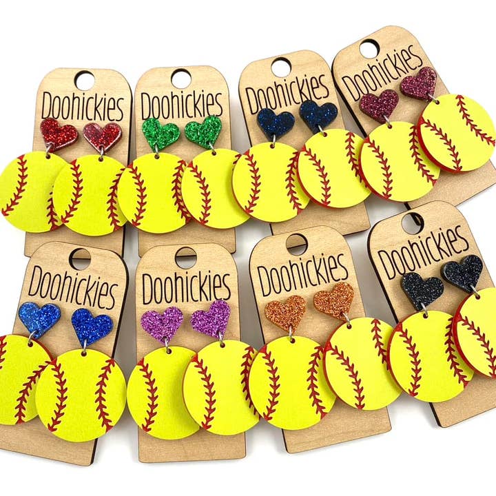 1.9" Custom I Heart Softball Dangles - Sports Earrings for wholesale by Doohickies