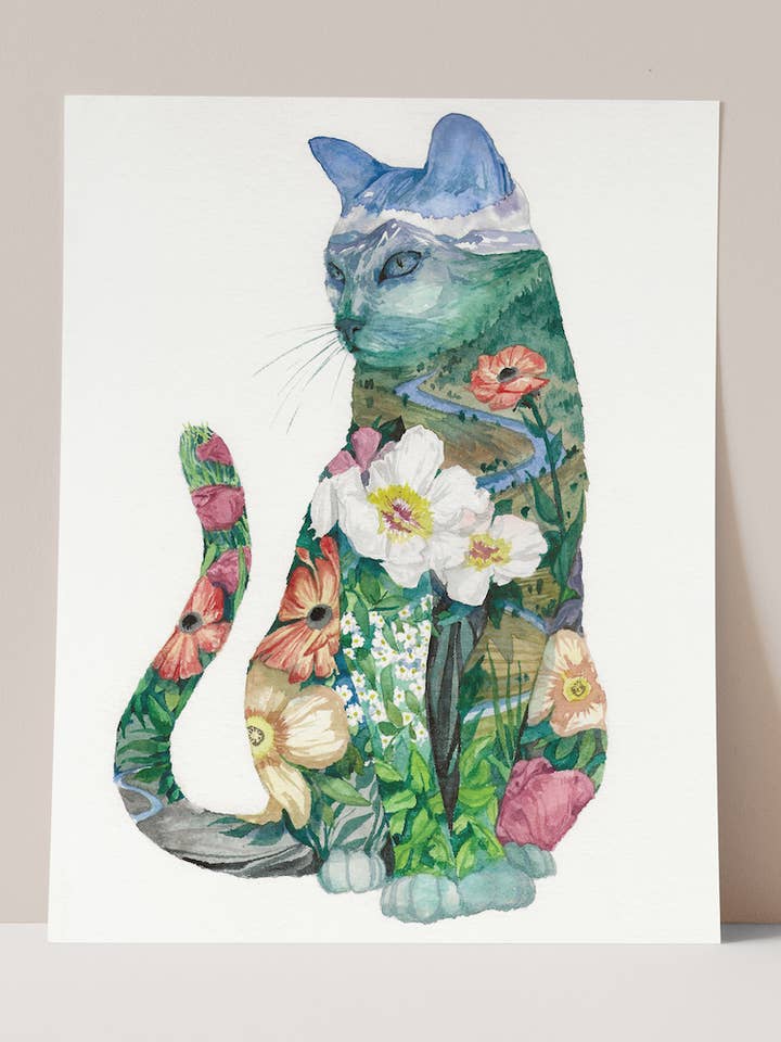 The Guardian Floral Cat Print for wholesale by Andrea Durfee Art