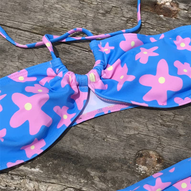bleu Maillot de bain bikini 2 pièces à imprimé floral en vente sur Faire8