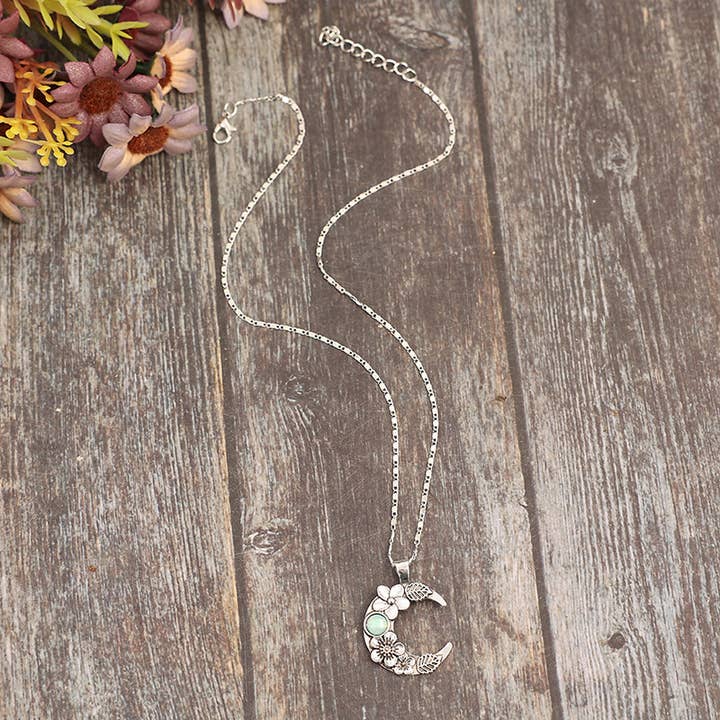 Gray Bohemian Crescent Moon Floral Inlay Alloy Pendant SP550 for wholesale on Faire4