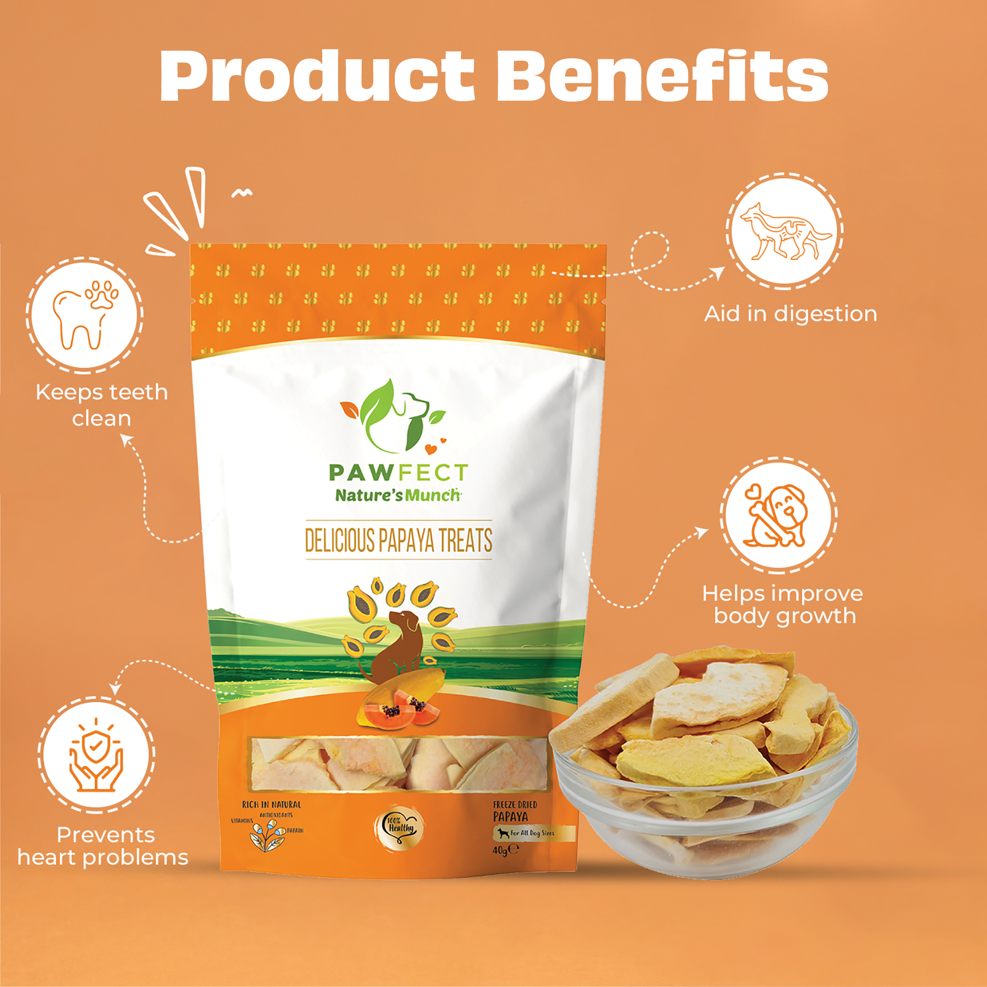 Pawfect Foods – wholesale Godis - Hund – Pawfect Nature's Munch frystorkade papayagodbitar för hundar | Veganska | Förebygger hjärtproblem | 100 % naturliga | Spannmåls- och glutenfria | Lågkaloriträningsgodis (25 g)3