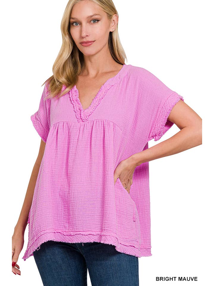 42POPS – wholesale Tunika - Dam – "Rå kant kortärmad V-ringad tröja14