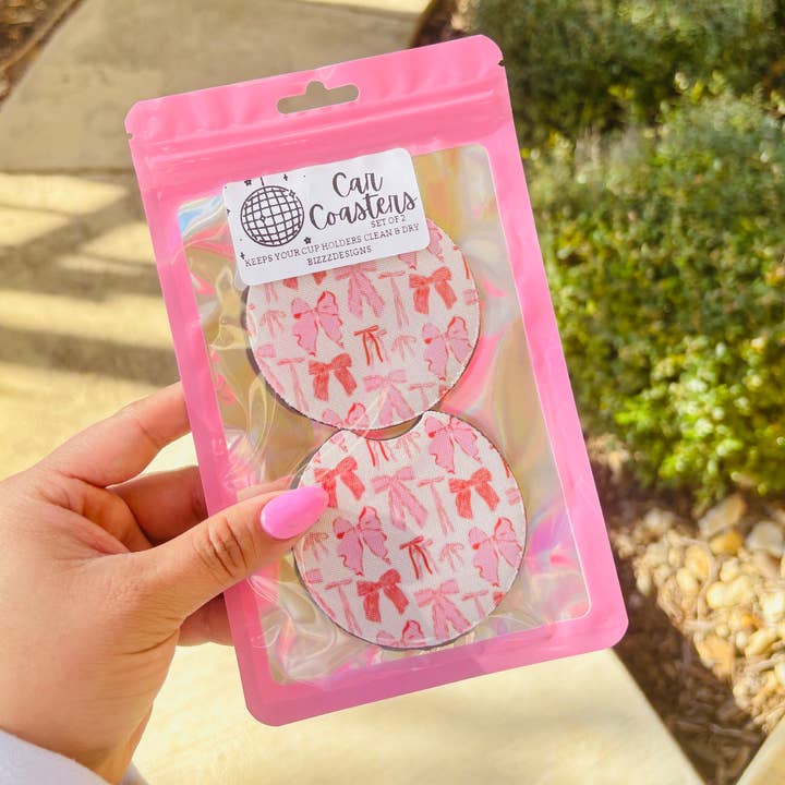 Bizzz Designs - Wholesale Car Coaster - Women's - Pink Bow Coquette Car Coasters | Bow Car Coasters Set of 5