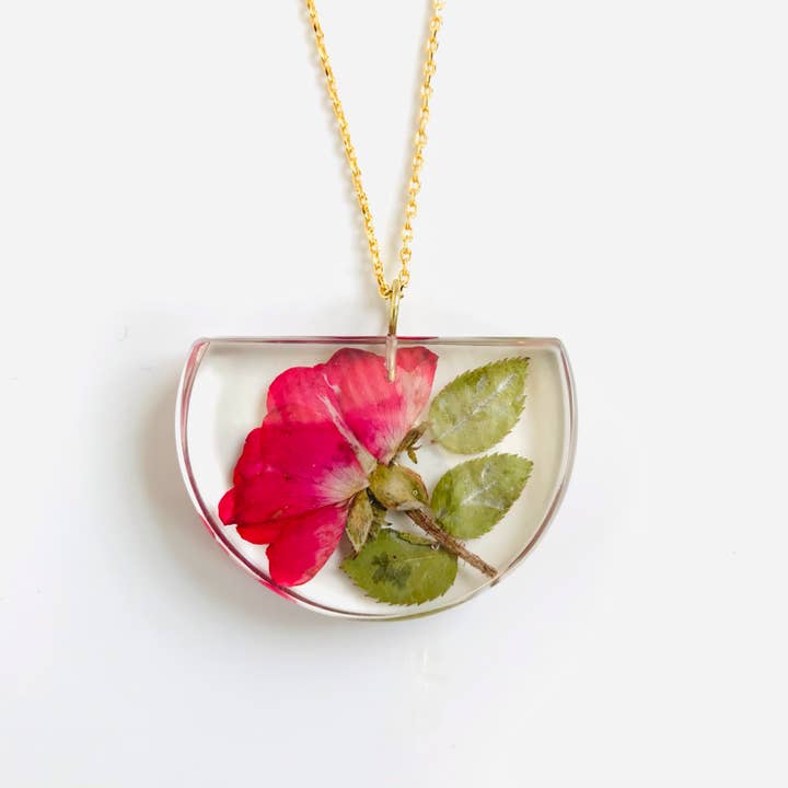 Botanical Resin Large Half-Moon Rose Bud Earrings for wholesale by Belart Fair Trade