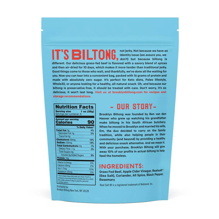 Brooklyn Biltong - Wholesale Jerky - 8oz Original Grass-Fed Zero Sugar Biltong Tender Jerky