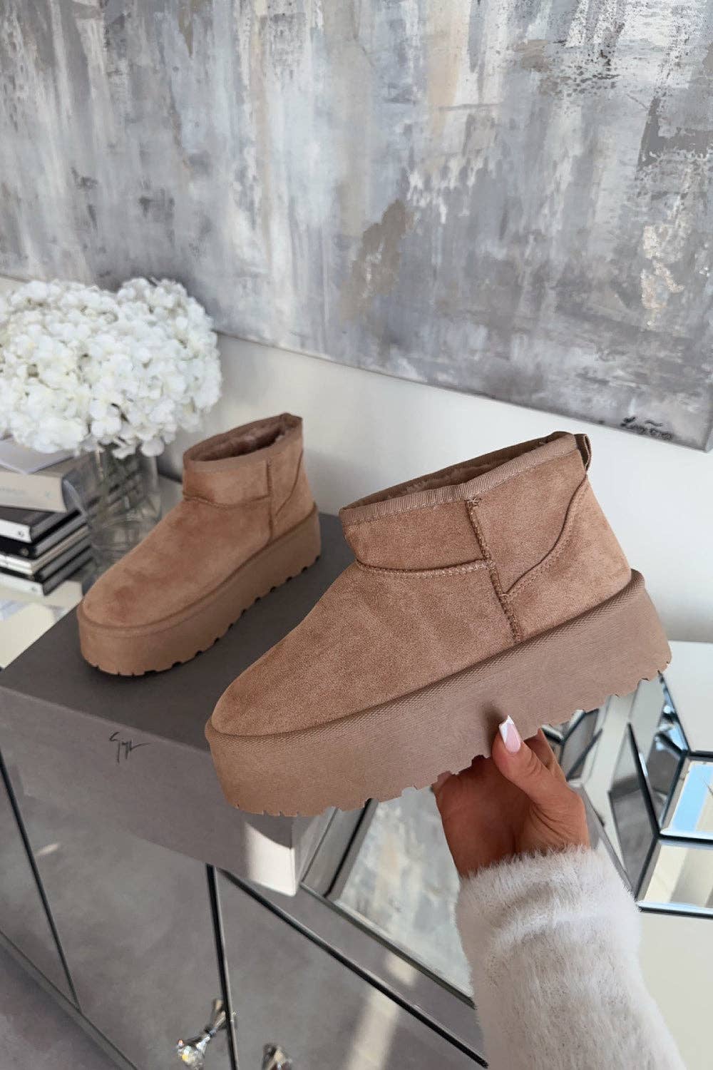 Camel Faux Fur Lined Ultra Mini Platform Women's Ankle Boots for wholesale on Faire5
