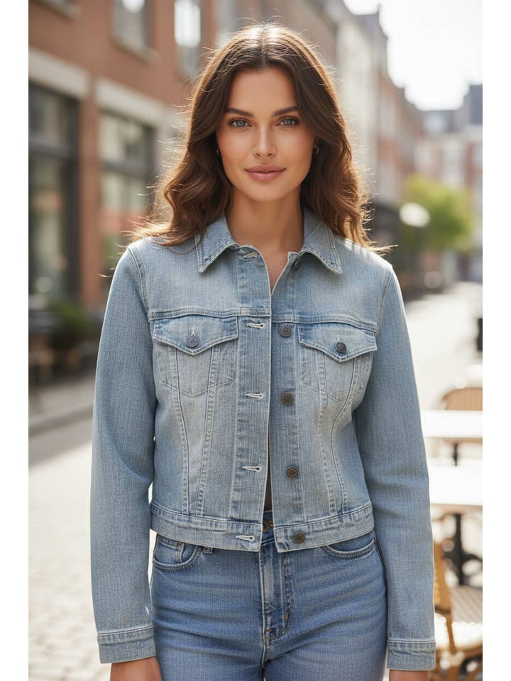 Light blue cropped denim jacket for wholesale on Faire2