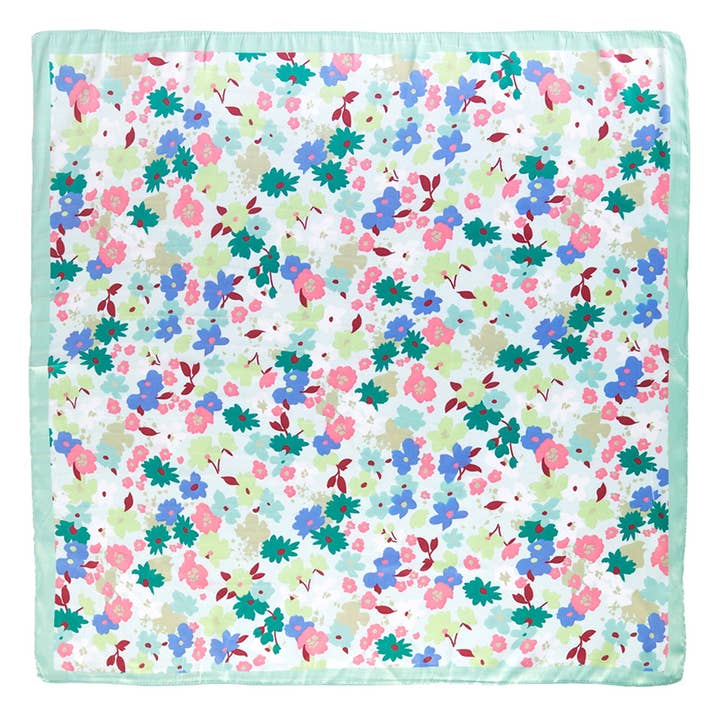 Sensibling Corp. - Wholesale Scarf - Women's - Pastel Meadow Floral Printed Square Silky Satin Scarf