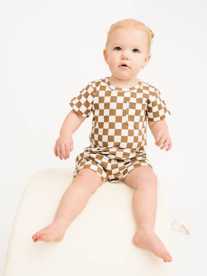 Little One Shop - Wholesale Top & Short Set - Kids - Brown Checkered Pocket Set