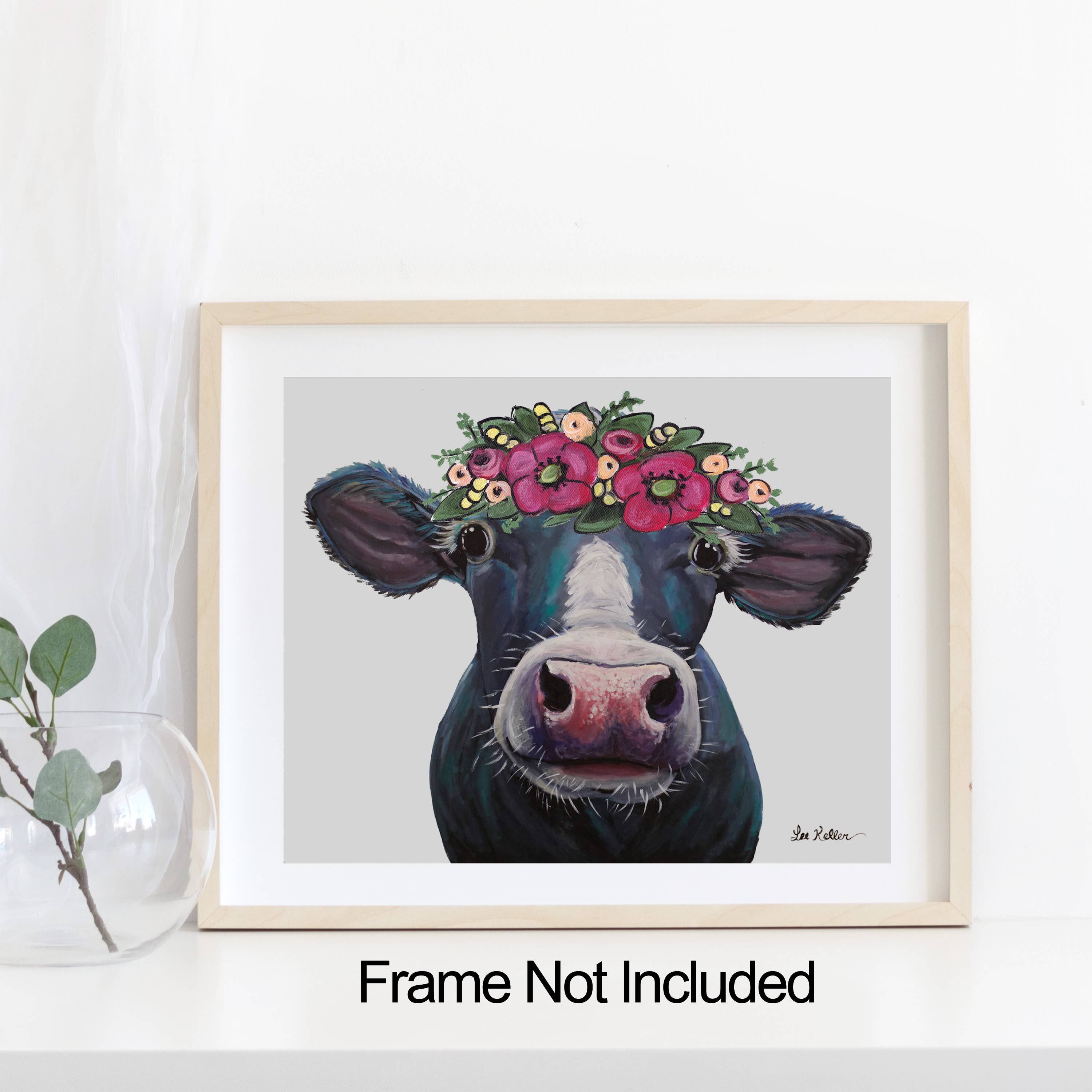 Hippie Hound Studios – wholesale Art print – Cow Art Print, 'Clara', Animals with Flower Crown Art