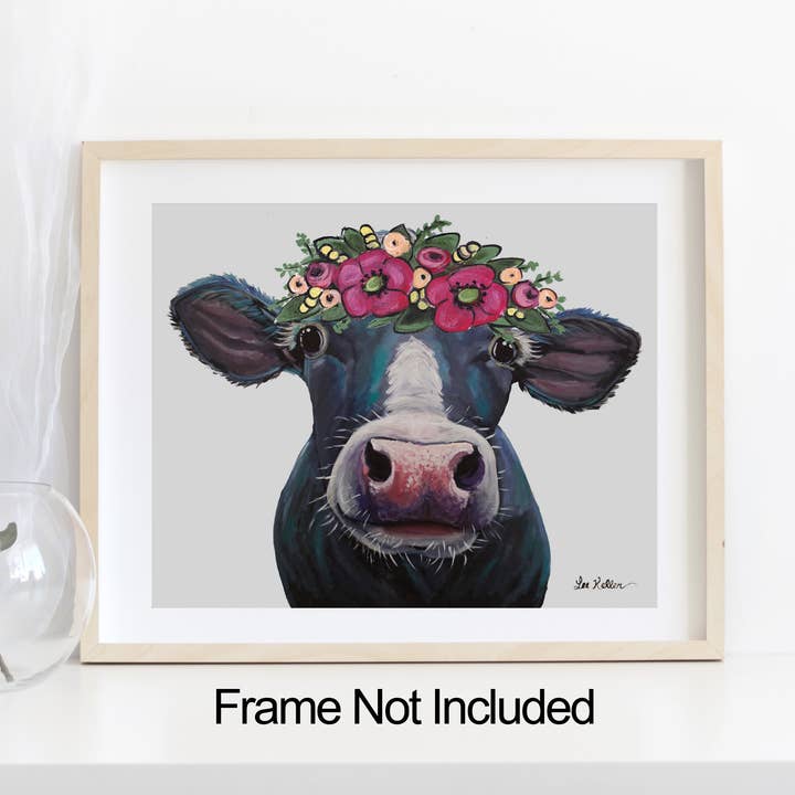Hippie Hound Studios – wholesale Art print – Cow Art Print, 'Clara', Animals with Flower Crown Art0