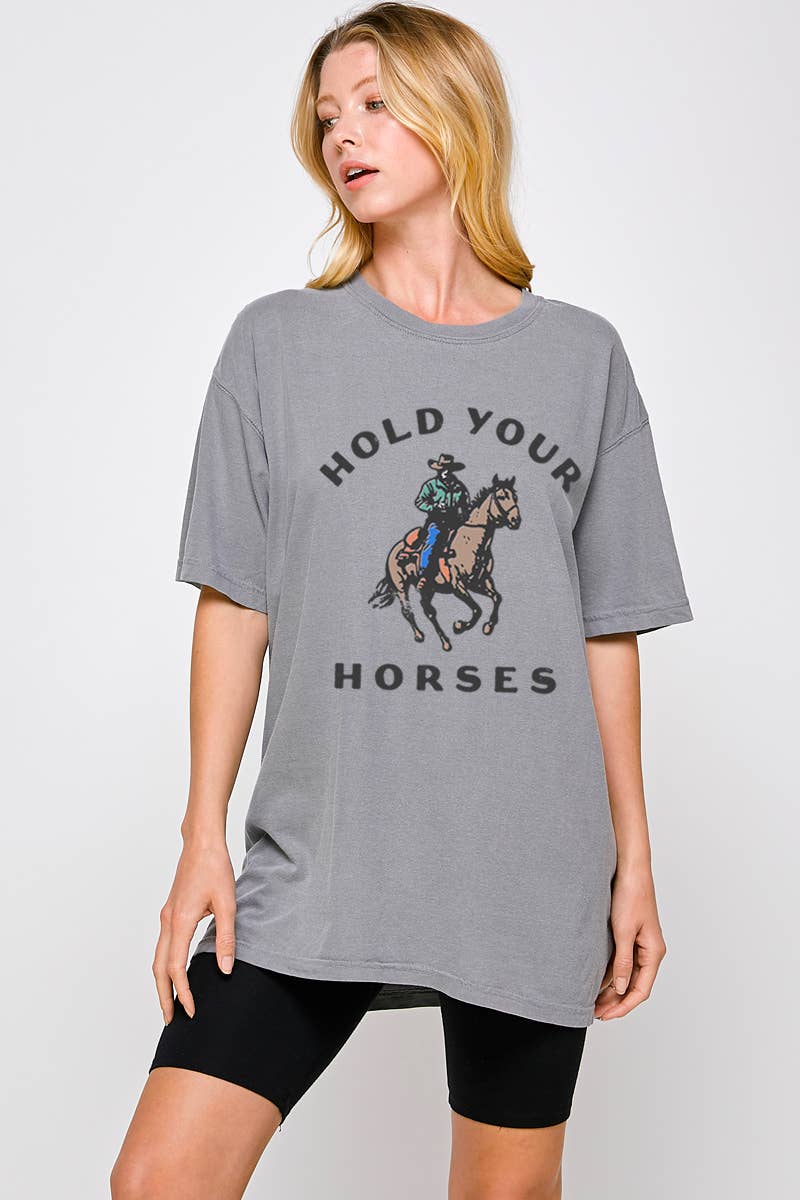 Illustrated Society - Wholesale Screen printed t-shirt – Women′s - HOLD YOUR HORSES VINTAGE GRAPHIC OVERSIZED TEE6