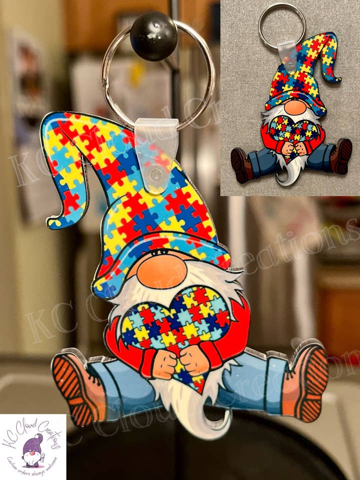Autism Awareness Gnome Keychain with puzzle heart for wholesale by KC Cloud Creations